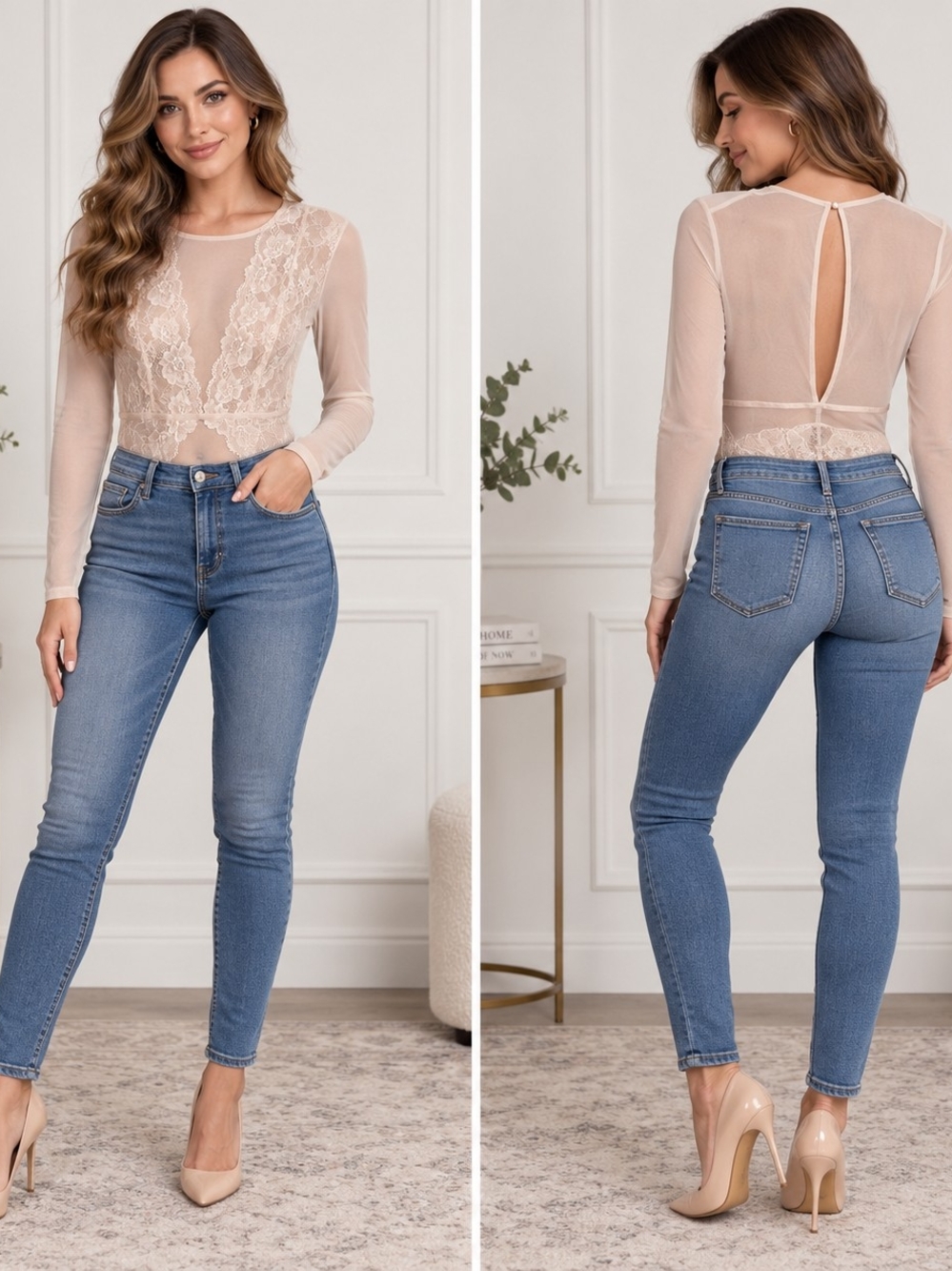Cider Sheer Lace-Trim Long Sleeve Bodysuit - Cream
